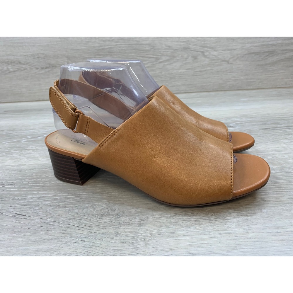 Clarks Women's Sandals Tan Leather 8 Slingback Peep Toe Block Comfort Shoes